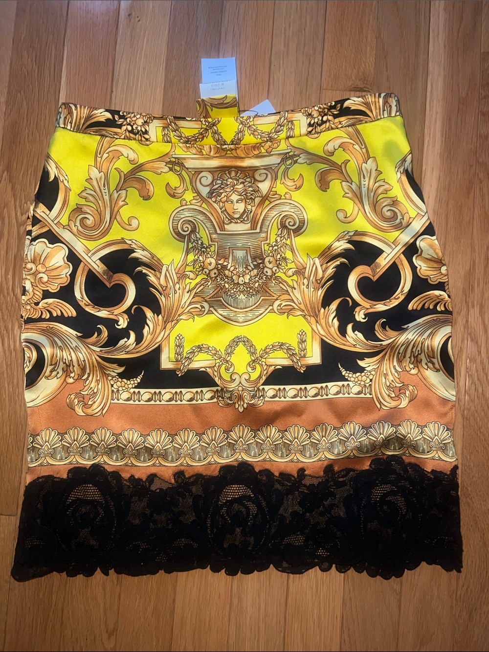 Versace Ornate Yellow & Black Lace Trim Women's Skirt